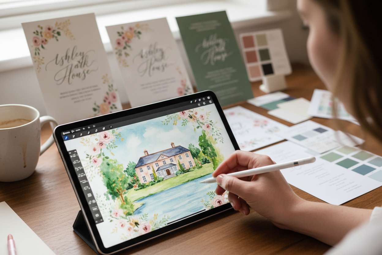 change image completely. i want to see another version. Also show some printed wedding invites and colour swatches in background