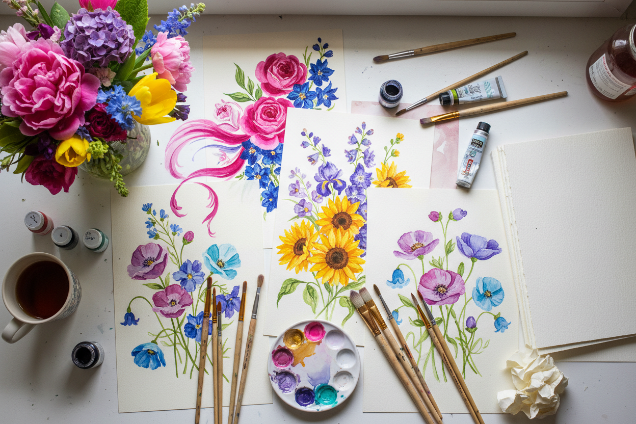 floral colourful artwork drawings on paper with brushes and more paper beside it and bunch of flowers for inspo