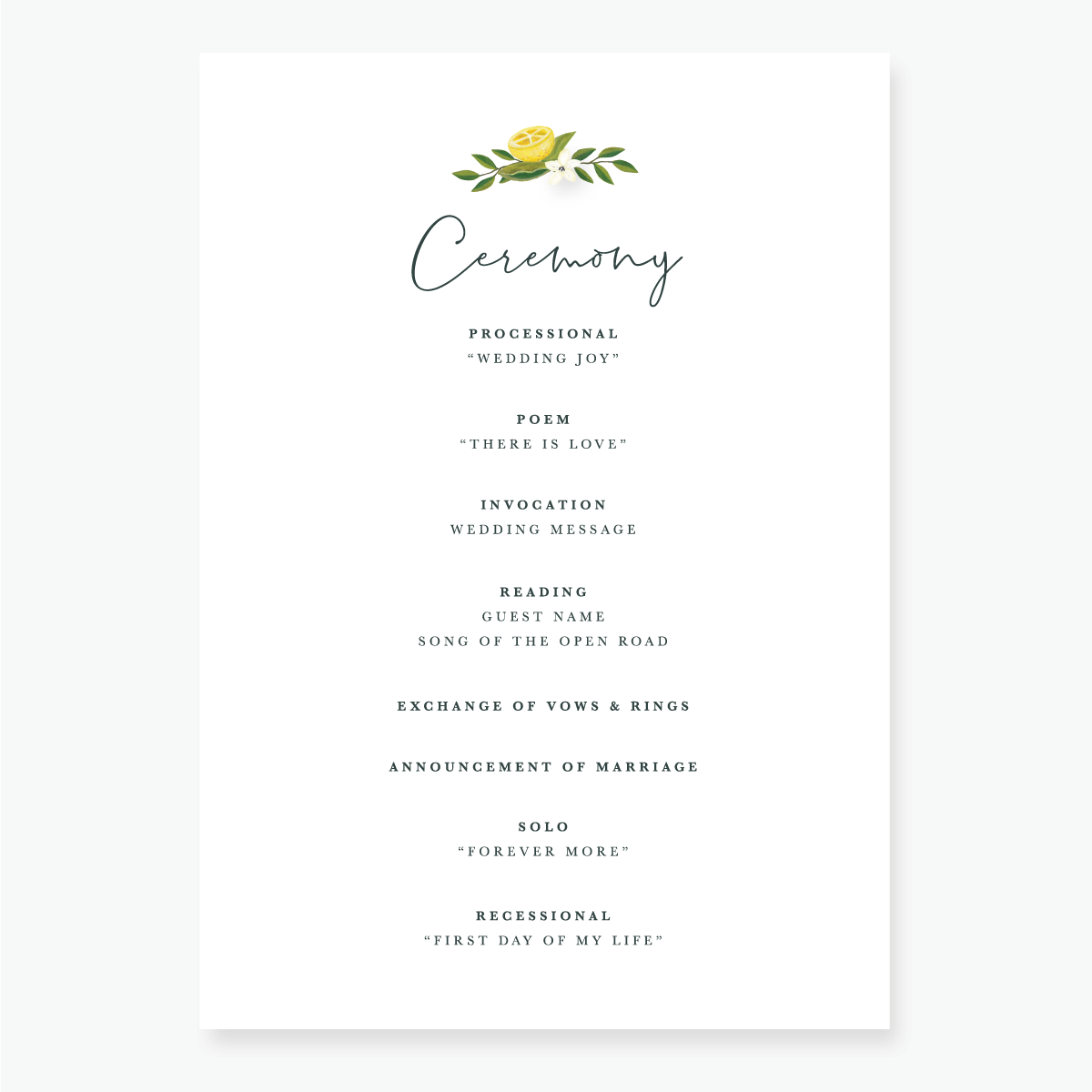 Lemon Garden Order of Service