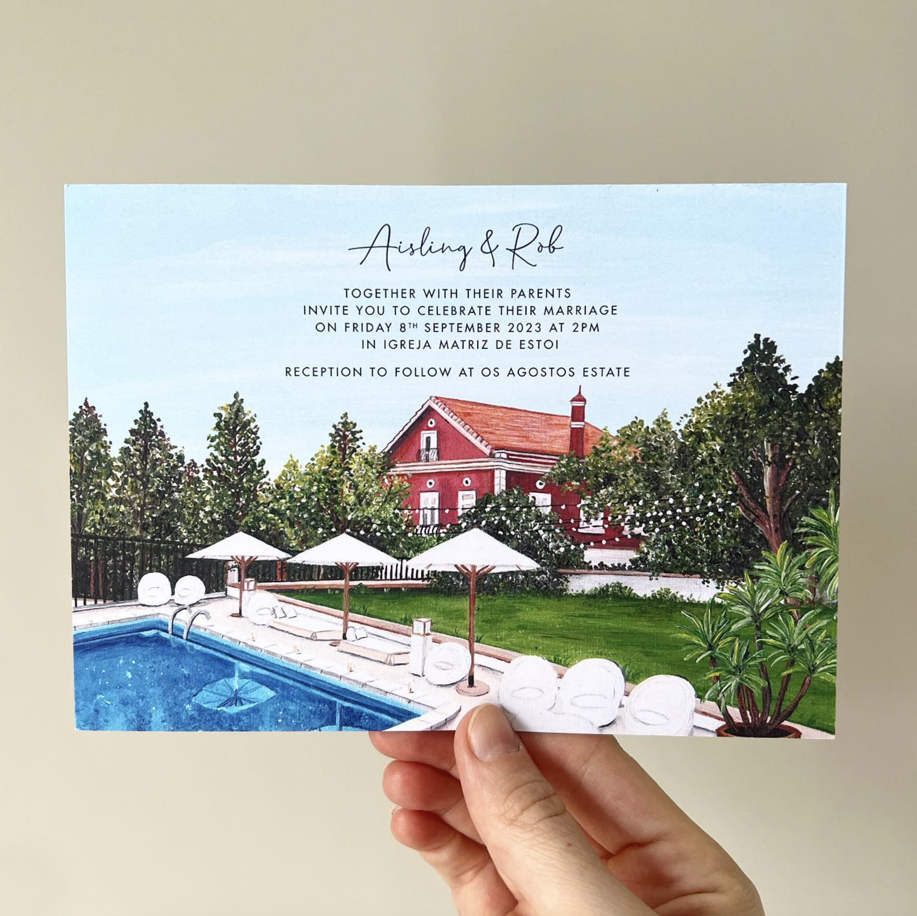 Os Agostos Portugal Wedding Invitation (Flat card)